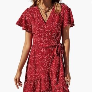 Red Polka Dot Short Sleeve Mini Floral Wrap Dress